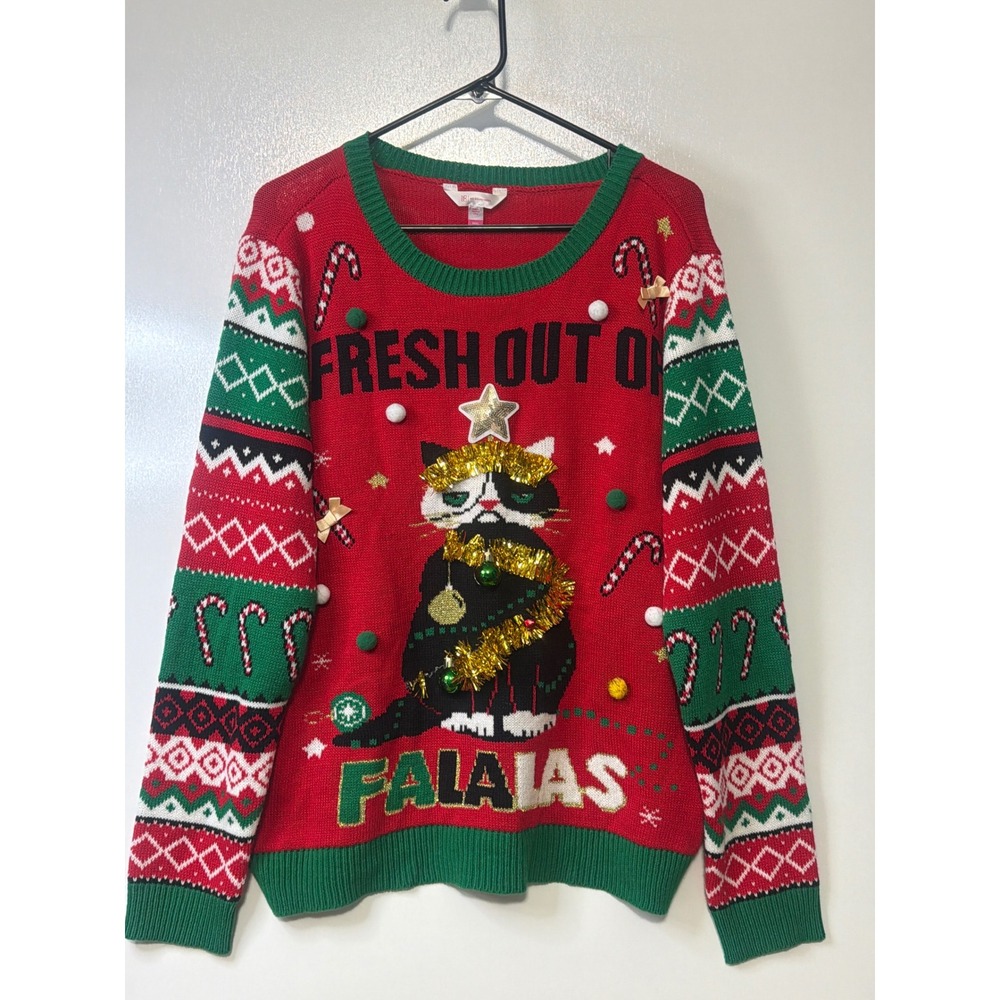 No Boundaries Womens Grumpy Cat Ugly Christmas Sweater Red Green XXXL 21